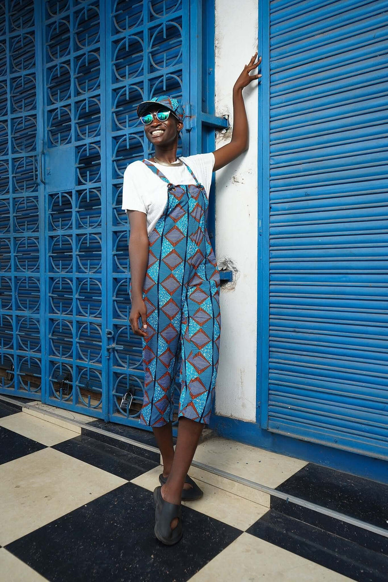 African Print Womens Dungarees, Bosomtwe Blue