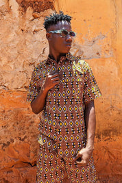 African Print Brown Men's Short Sleeve Shirt, Aztec Cotton Tribal Tee, Ankara Shirt, Mens Festival Clothing, Hippie Shirt, Tropical Beach
