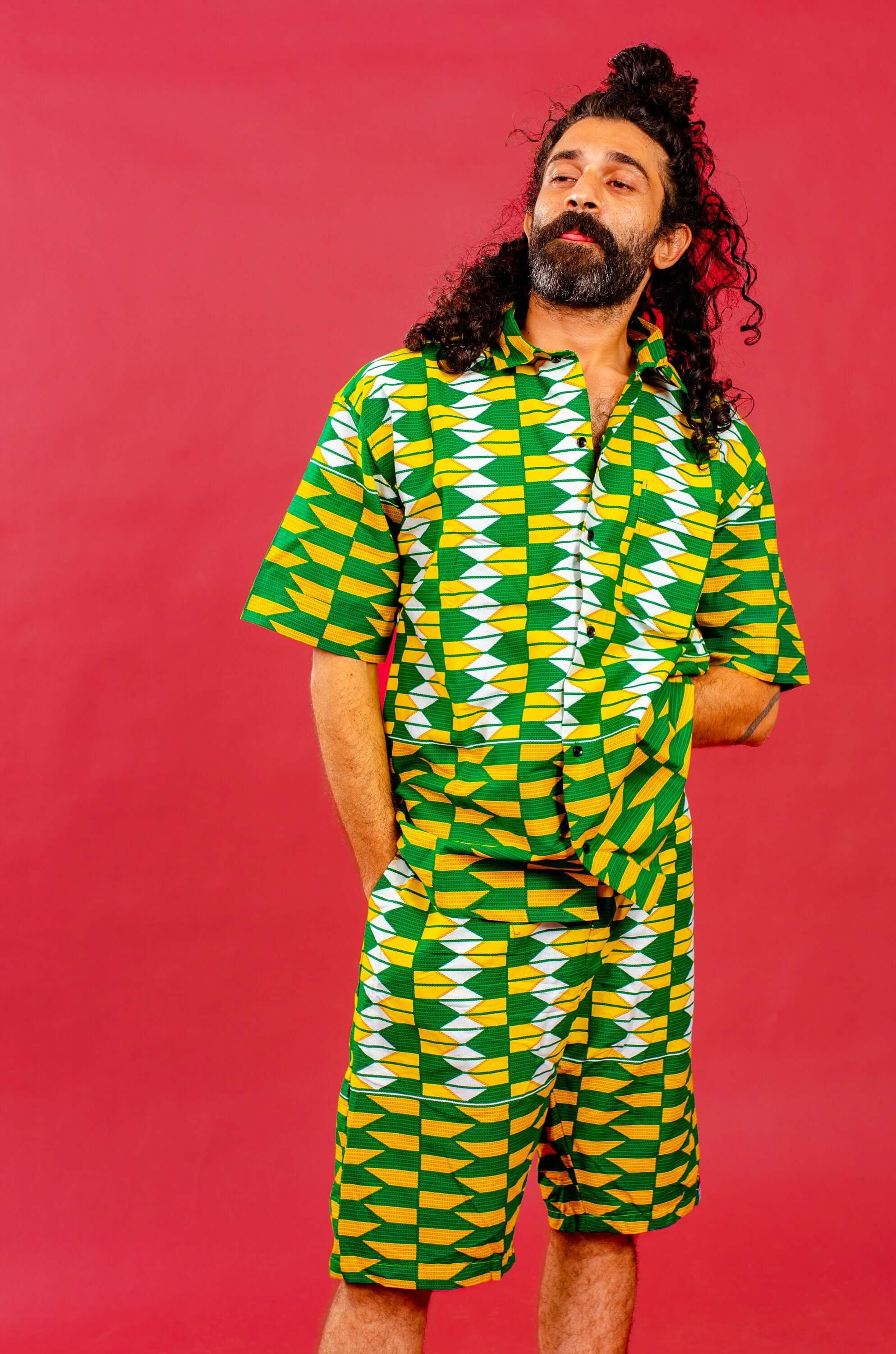 Yellow and green knee length shorts