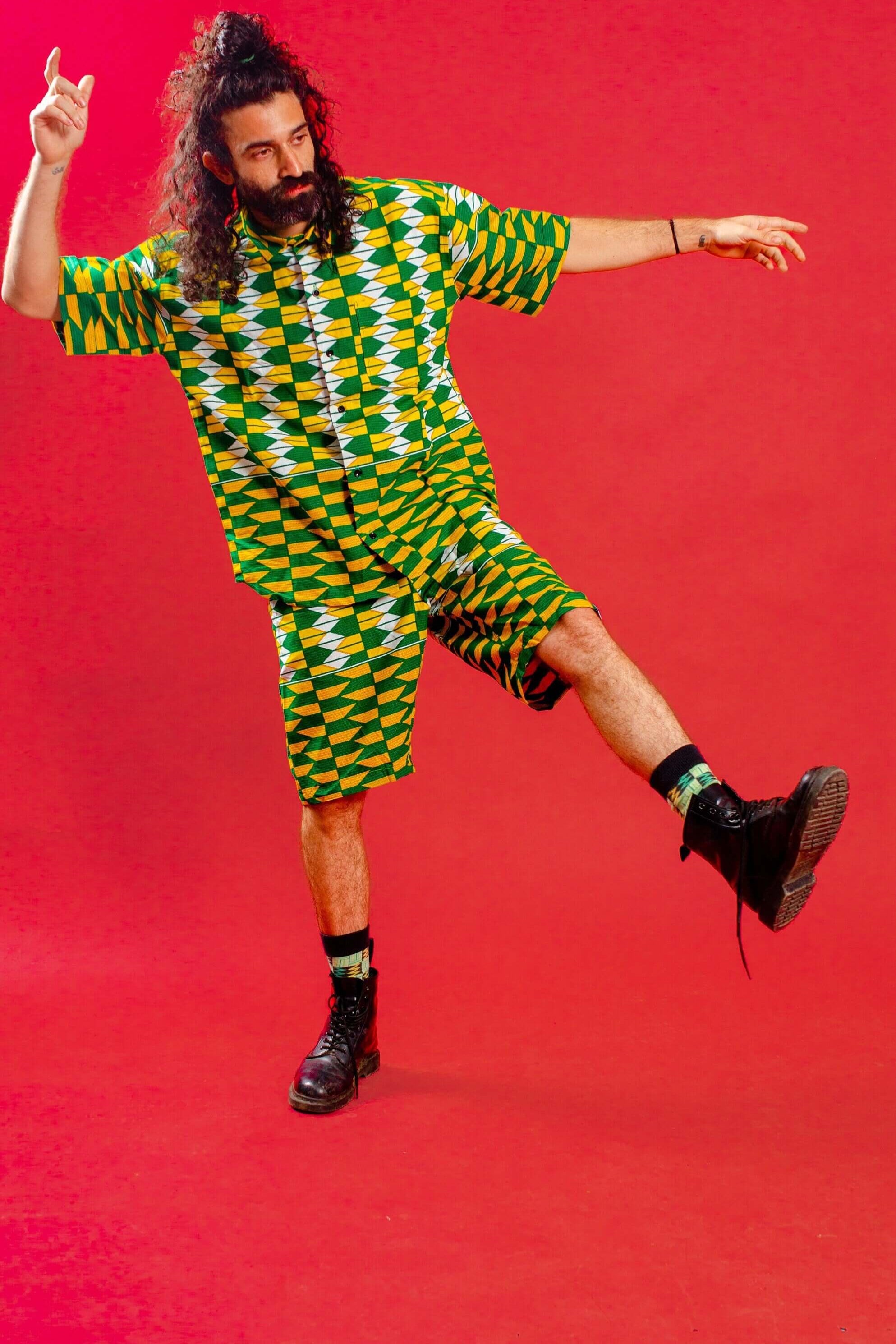 Yellow and green knee length shorts