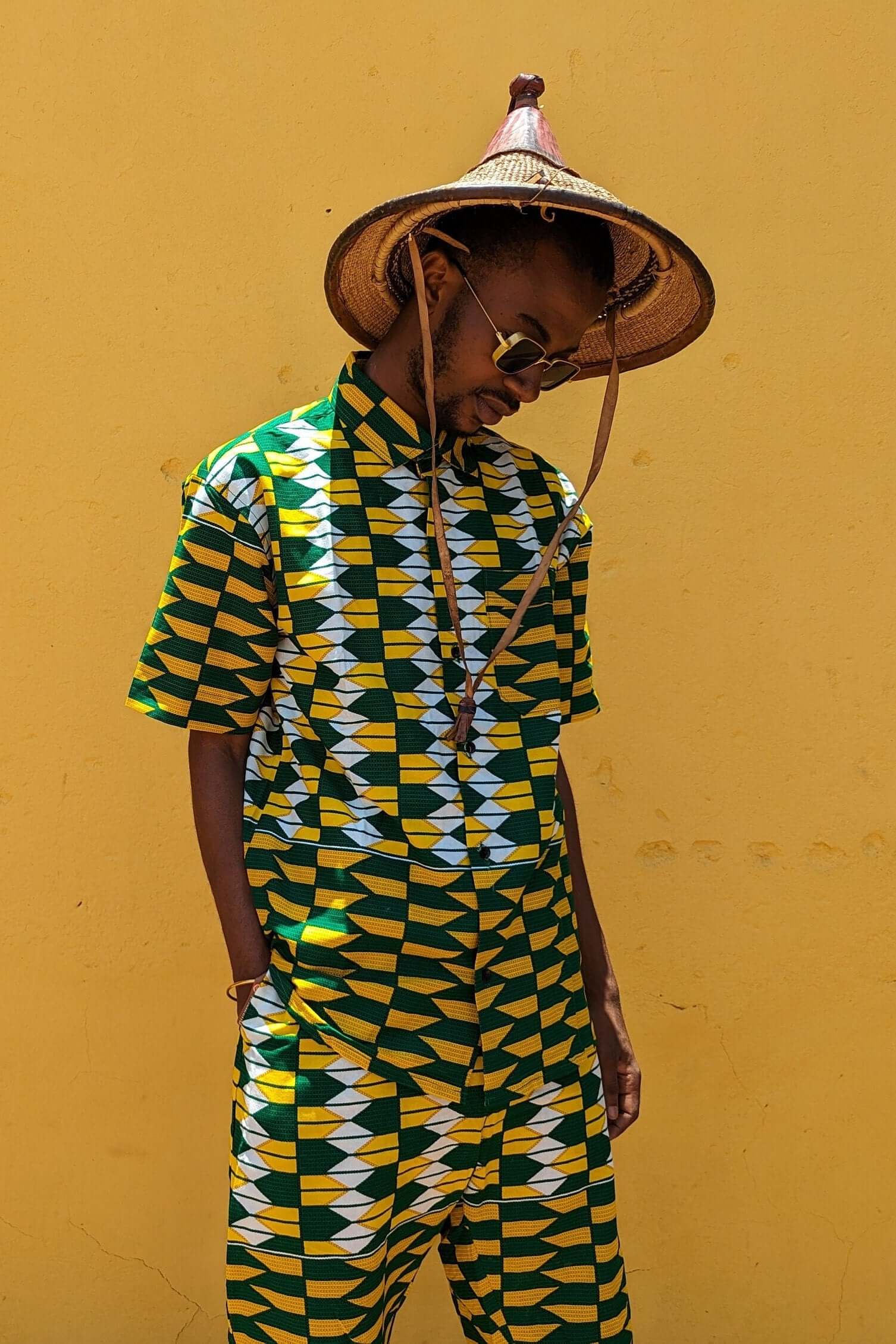 Yellow Kente Mens Shirt and shorts co-ord