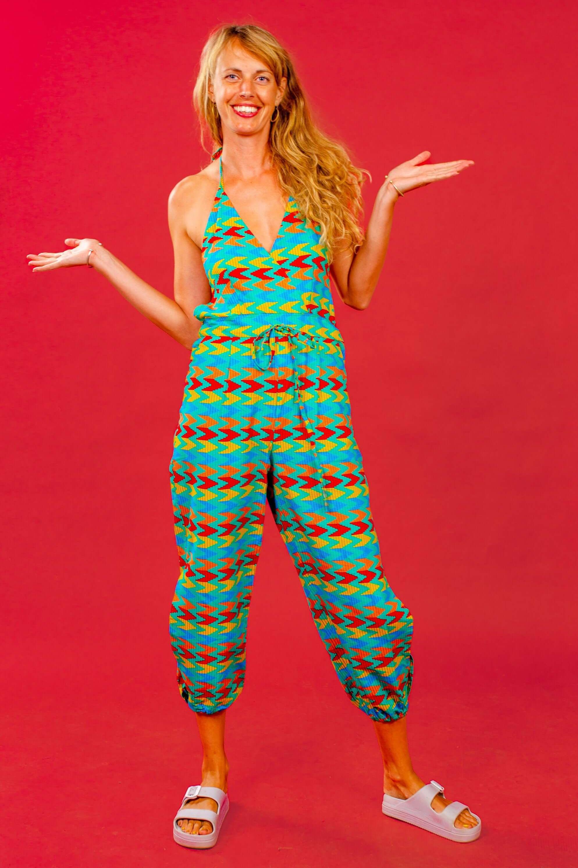 Blue kente backless womens jumpsuit