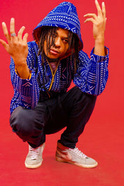 Blue Oversize Tribal Jacket, Unisex African Print Jacket, Hooded Coat, 90s Festival Clothing, Y2K, Colourful Overcoat, Mudcloth