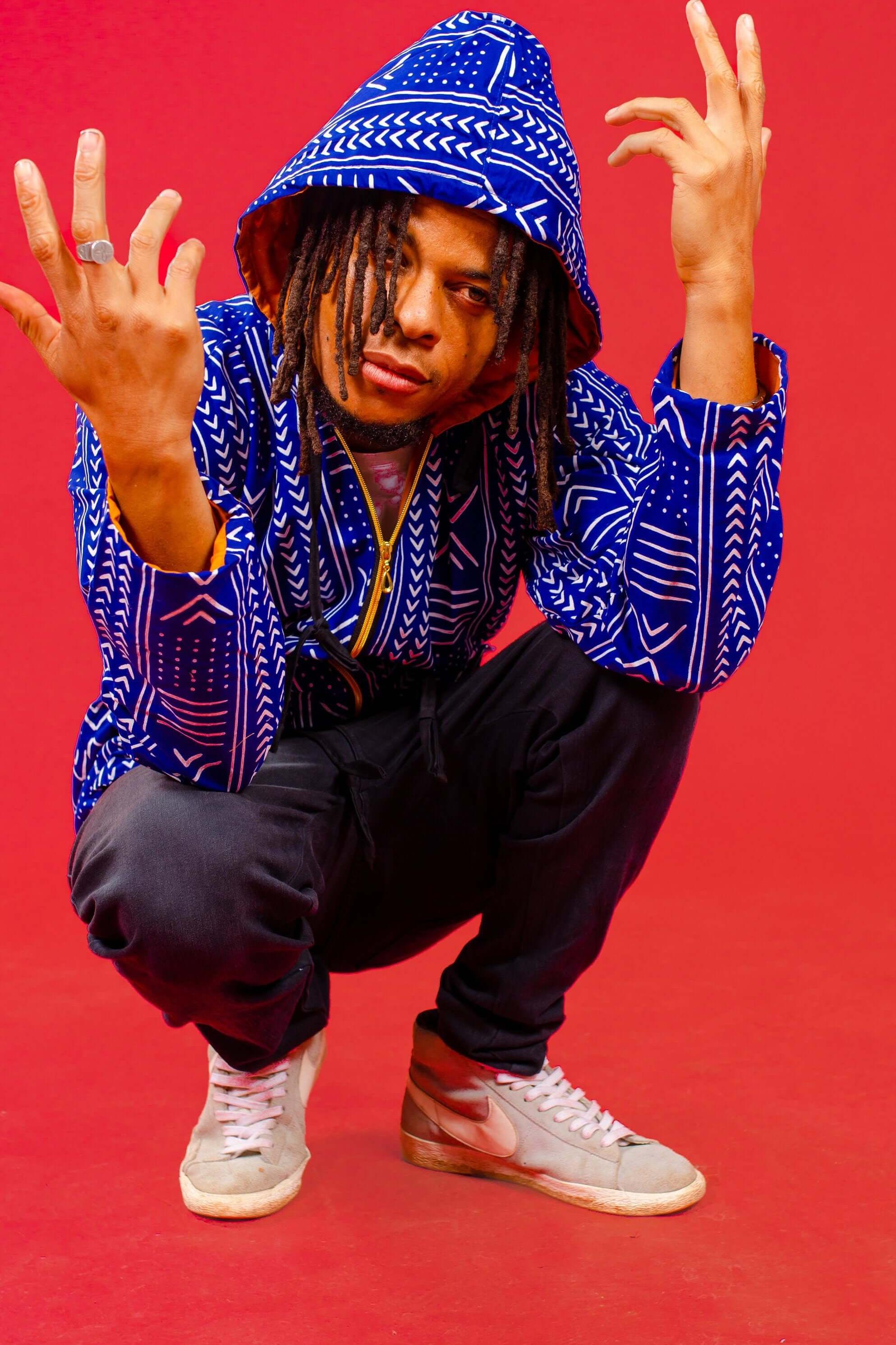 Blue Oversize Tribal Jacket, Unisex African Print Jacket, Hooded Coat, 90s Festival Clothing, Y2K, Colourful Overcoat, Mudcloth