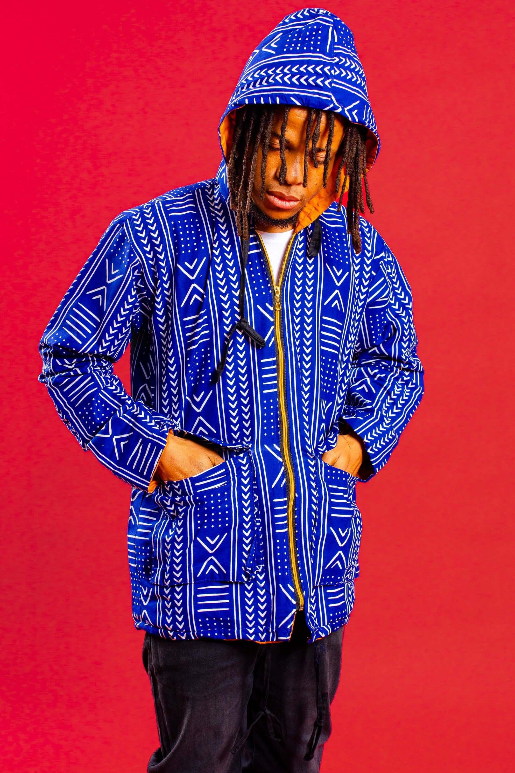 Blue Oversize Tribal Jacket, Unisex African Print Jacket, Hooded Coat, 90s Festival Clothing, Y2K, Colourful Overcoat, Mudcloth