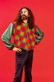 Man in trippy festival bomber jacket