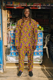 African Print Shirt, Long Sleeve Ankara Shirt, Mens Orange Retro Shirt, Festival Co-ord, 70s Clothing, Handmade in Ghana - Ashanti Empress