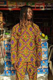 African Print Shirt, Long Sleeve Ankara Shirt, Mens Orange Retro Shirt, Festival Co-ord, 70s Clothing, Handmade in Ghana - Ashanti Empress