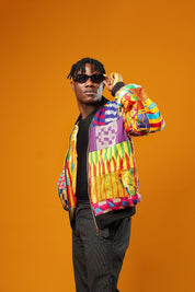 Handwoven Kente Bomber Jacket, African Kente Cloth Coat, Patchwork Festival Jacket, Ankara Unisex Jacket, Men Tribal Jacket- Ashanti Empress
