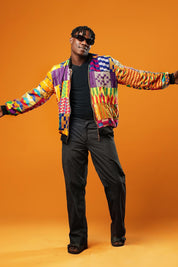 Handwoven Kente Bomber Jacket, African Kente Cloth Coat, Patchwork Festival Jacket, Ankara Unisex Jacket, Men Tribal Jacket- Ashanti Empress
