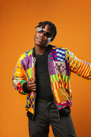 Handwoven Kente Bomber Jacket, African Kente Cloth Coat, Patchwork Festival Jacket, Ankara Unisex Jacket, Men Tribal Jacket- Ashanti Empress