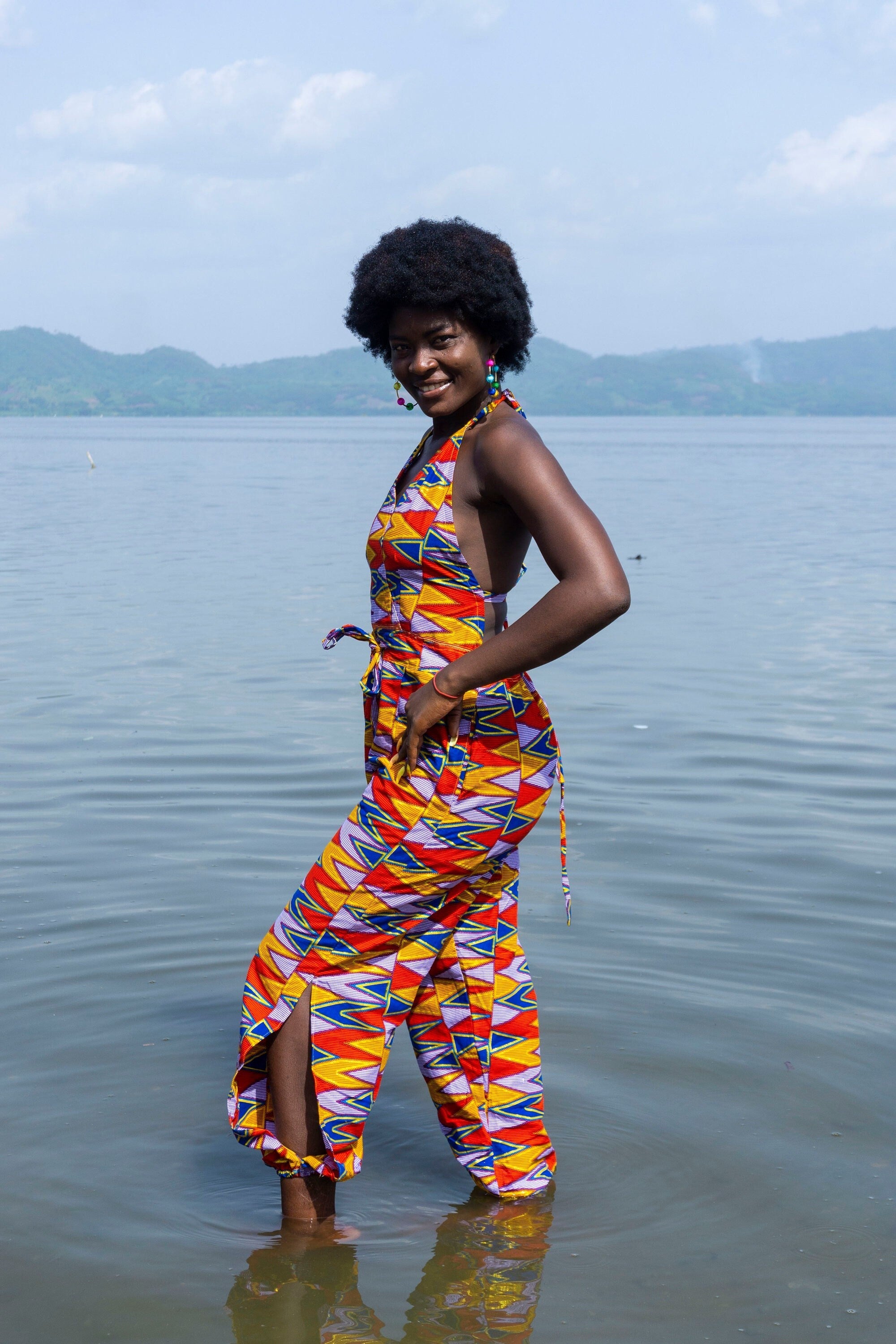 Ashanti Gold African Print Backless Jumpsuit
