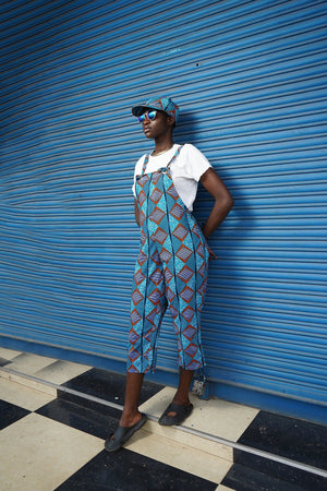 Bosomtwe Blue African Print Cropped Dungarees