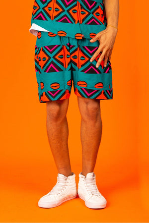 Cowrie Shell Blue African Print Mid Length Shorts