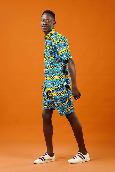 African Print Short Sleeve Shirt, Highlife Blue