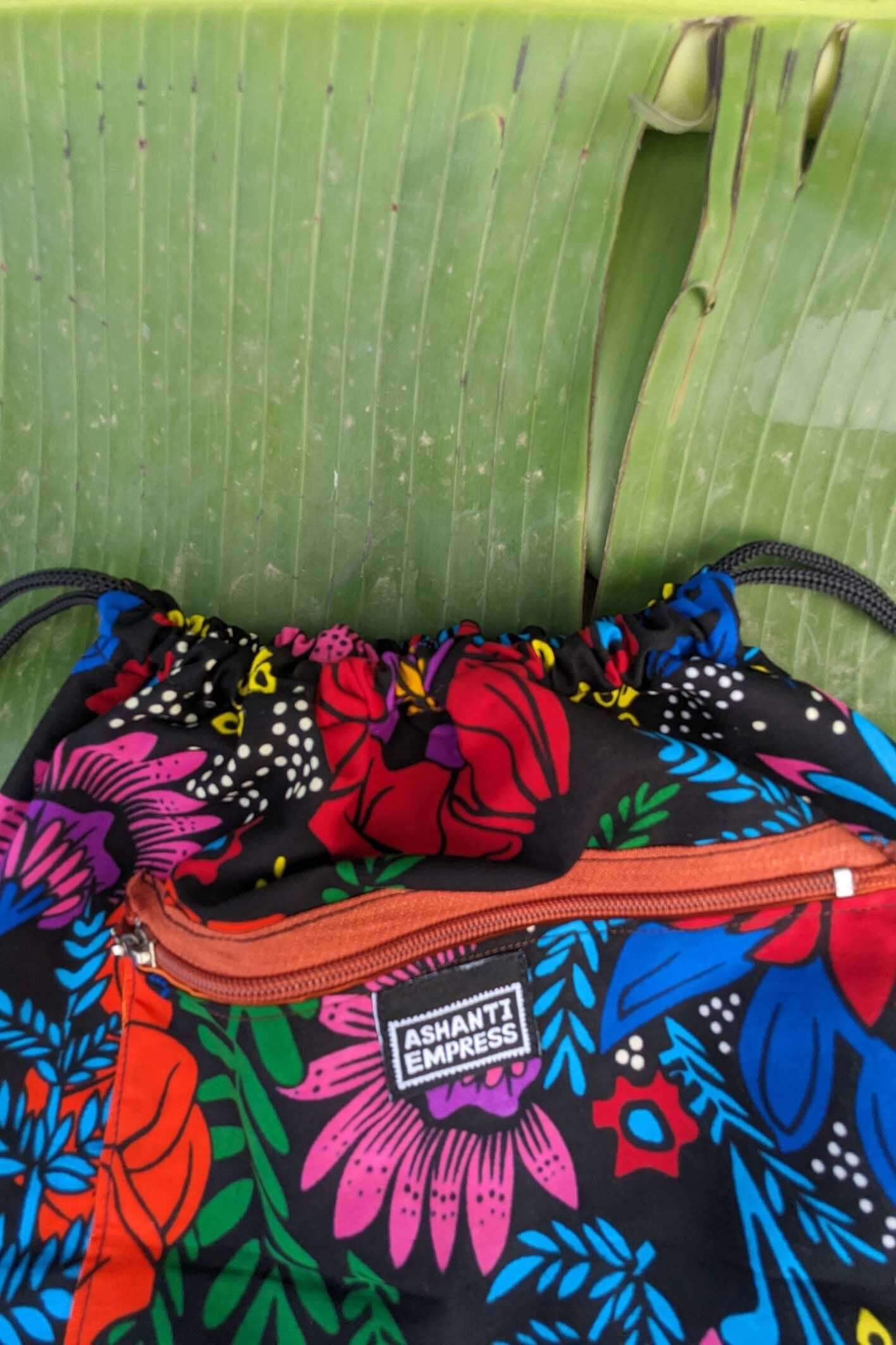 Floral African Print Drawstring Bag, Vibrant Flower Pattern, Boho Backpack, Handmade Beach Gym School Bag, Colourful Festival Pouch