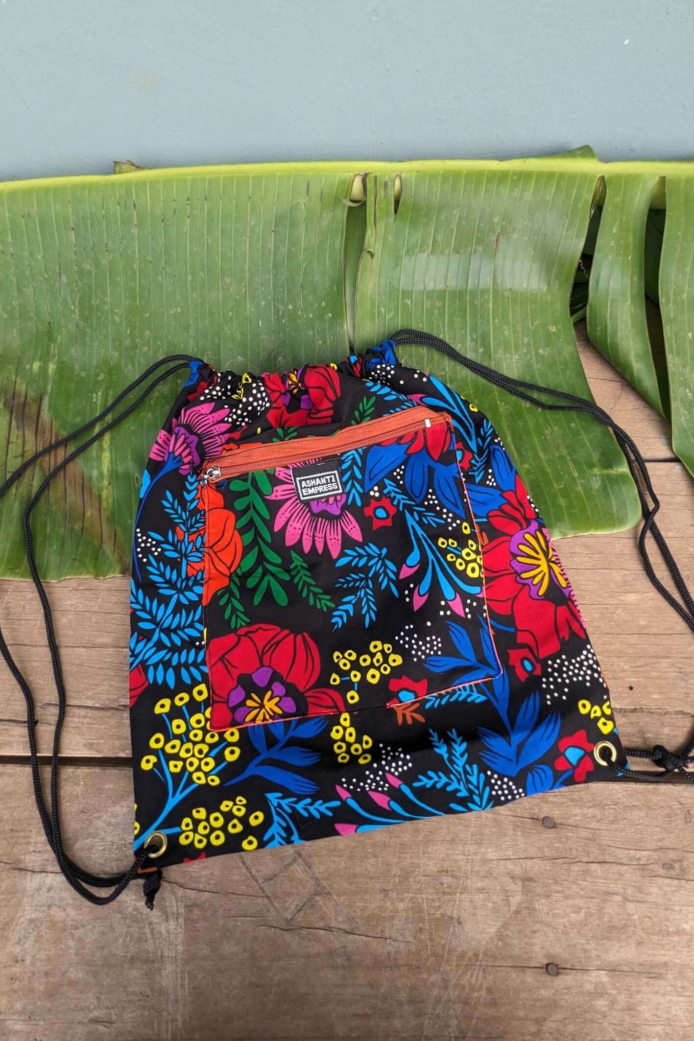 Floral African Print Drawstring Bag, Vibrant Flower Pattern, Boho Backpack, Handmade Beach Gym School Bag, Colourful Festival Pouch