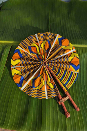 Orange and Blue Kente Print Folding Fan