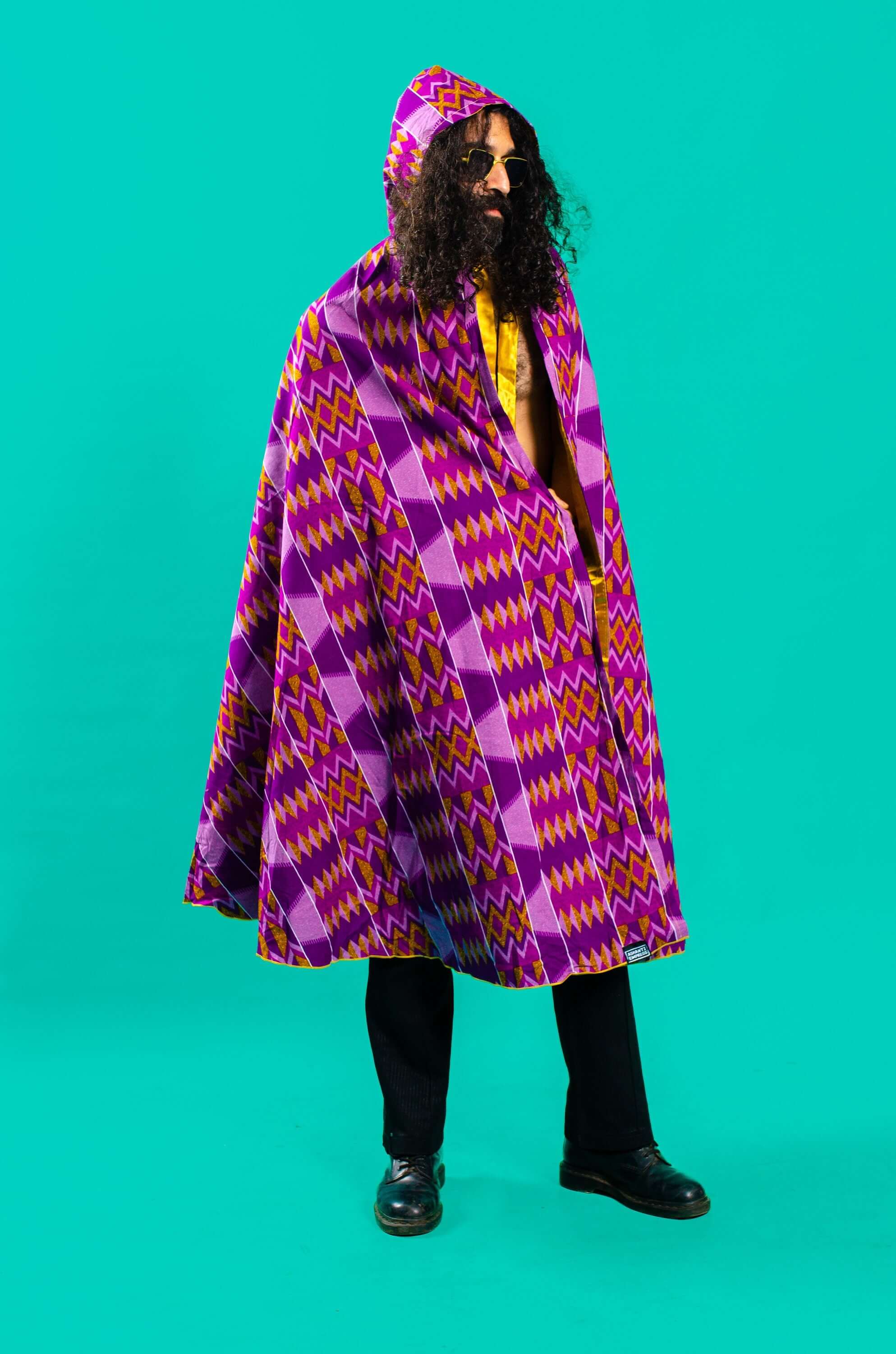 Purple Festival Cape, African Print Cloak, LGBTQ Pride Outfit, Reversible Afropunk Cape, Festival Outfit, Gold Silk Cape, Unisex Cloak