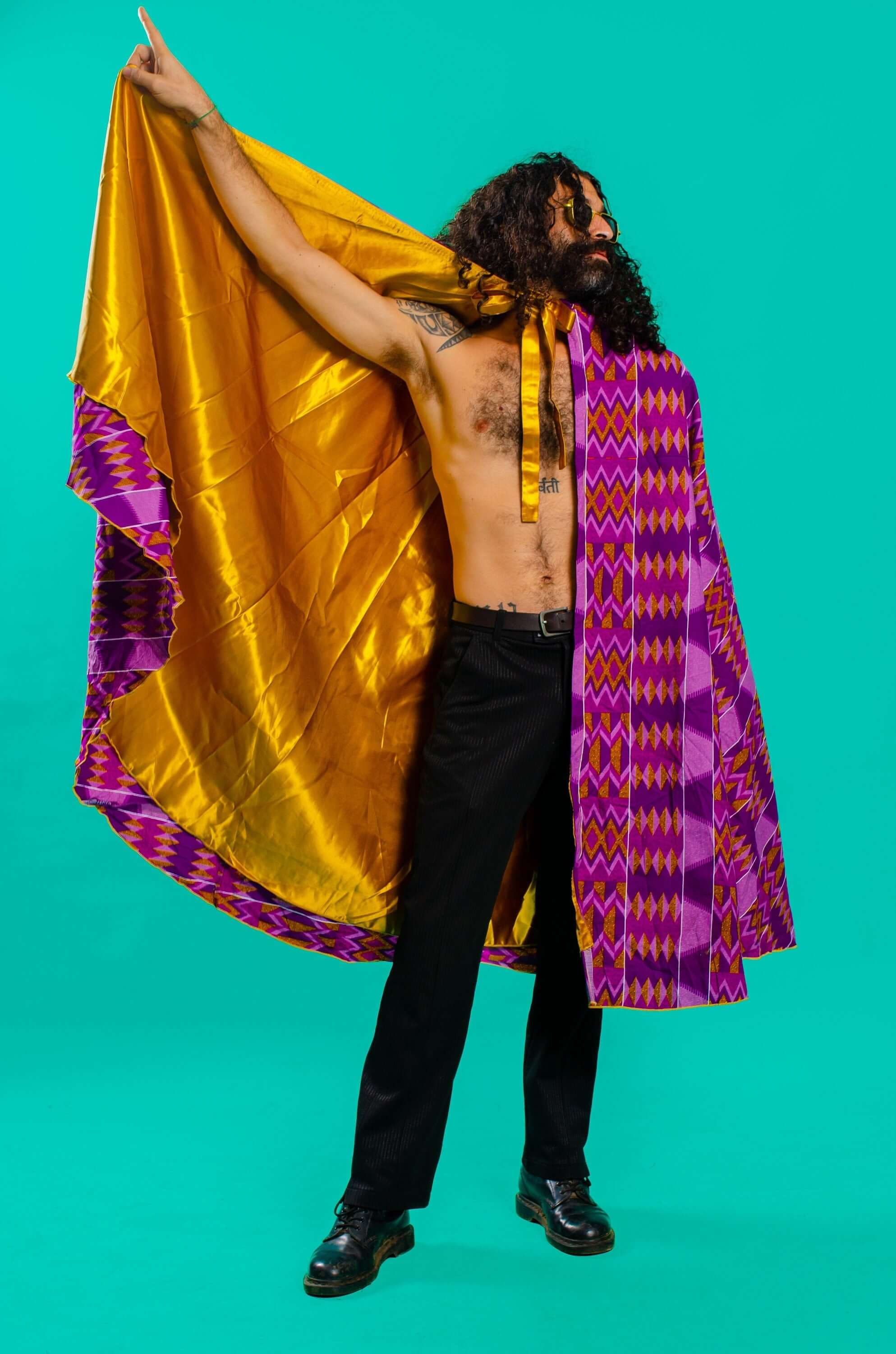 Purple Festival Cape, African Print Cloak, LGBTQ Pride Outfit, Reversible Afropunk Cape, Festival Outfit, Gold Silk Cape, Unisex Cloak