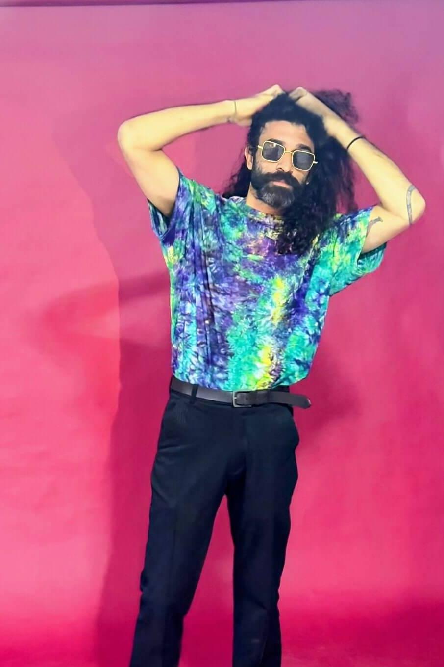 Blue Tie Dye Cotton T-Shirt, Hippie Clothing, Mens Festival Outfit, Colourful T Shirt, Psychedelic Shirt, Unisex Plus Size, Rave Accessories