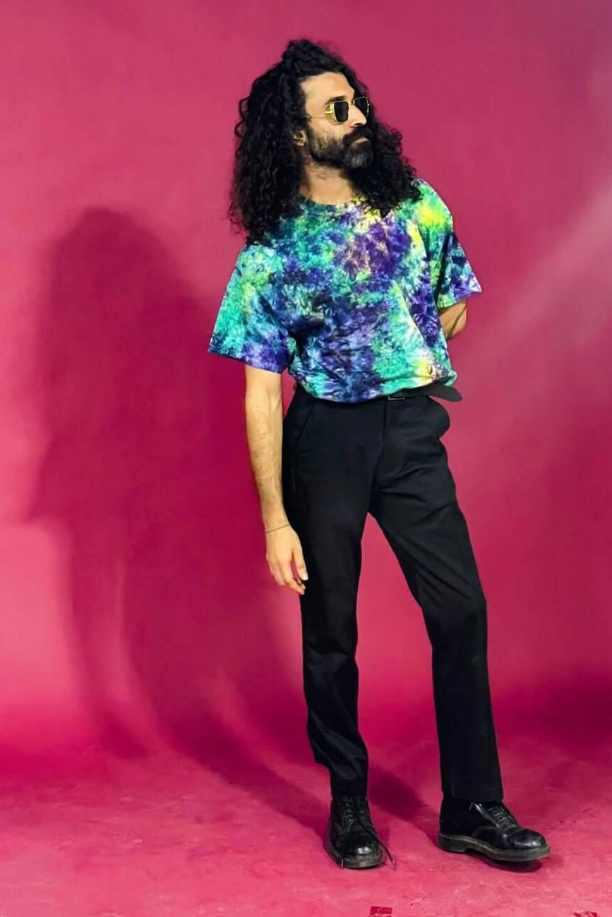 Blue Tie Dye Cotton T-Shirt, Hippie Clothing, Mens Festival Outfit, Colourful T Shirt, Psychedelic Shirt, Unisex Plus Size, Rave Accessories