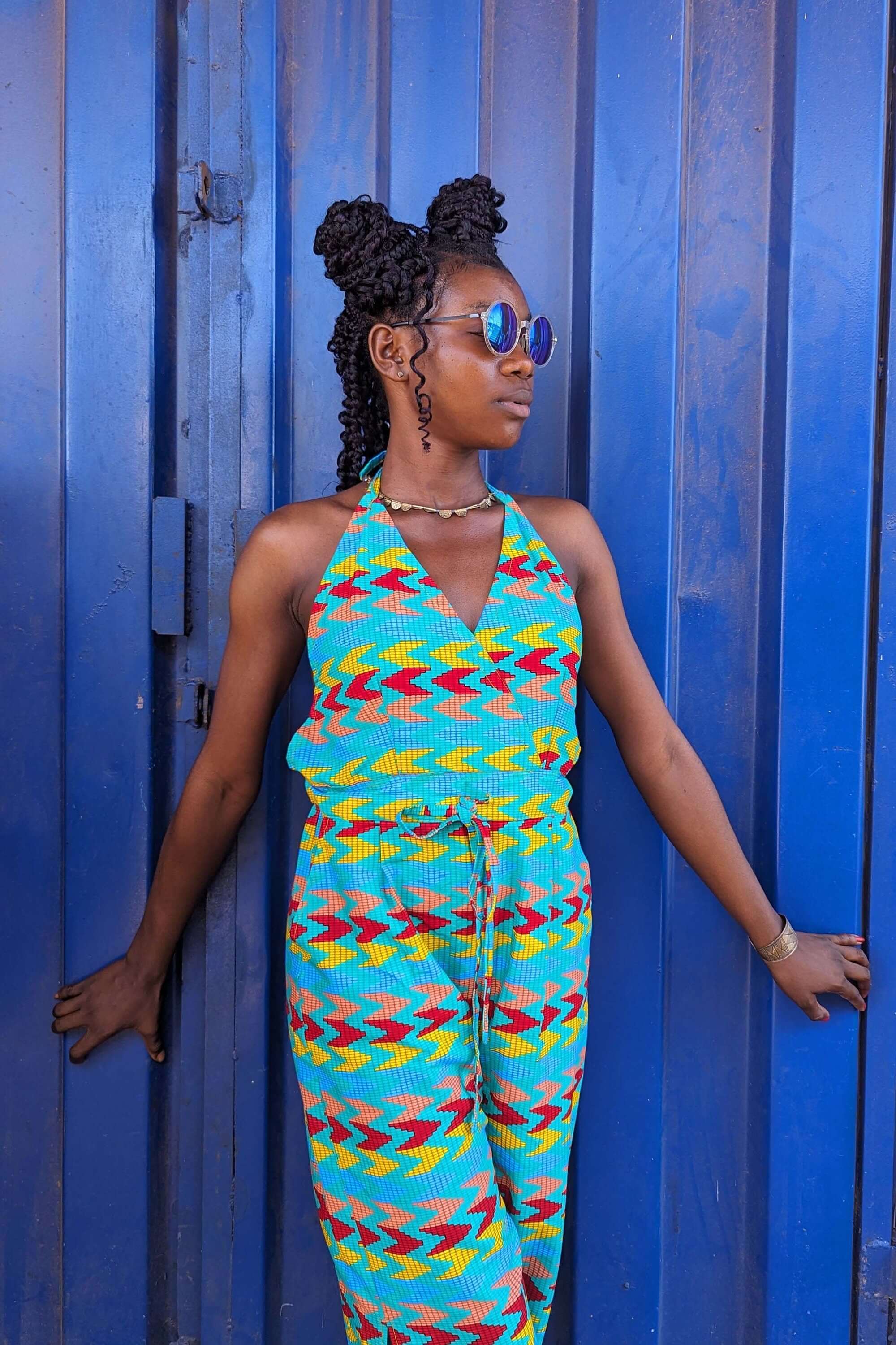 Blue patterned jumpsuit deals