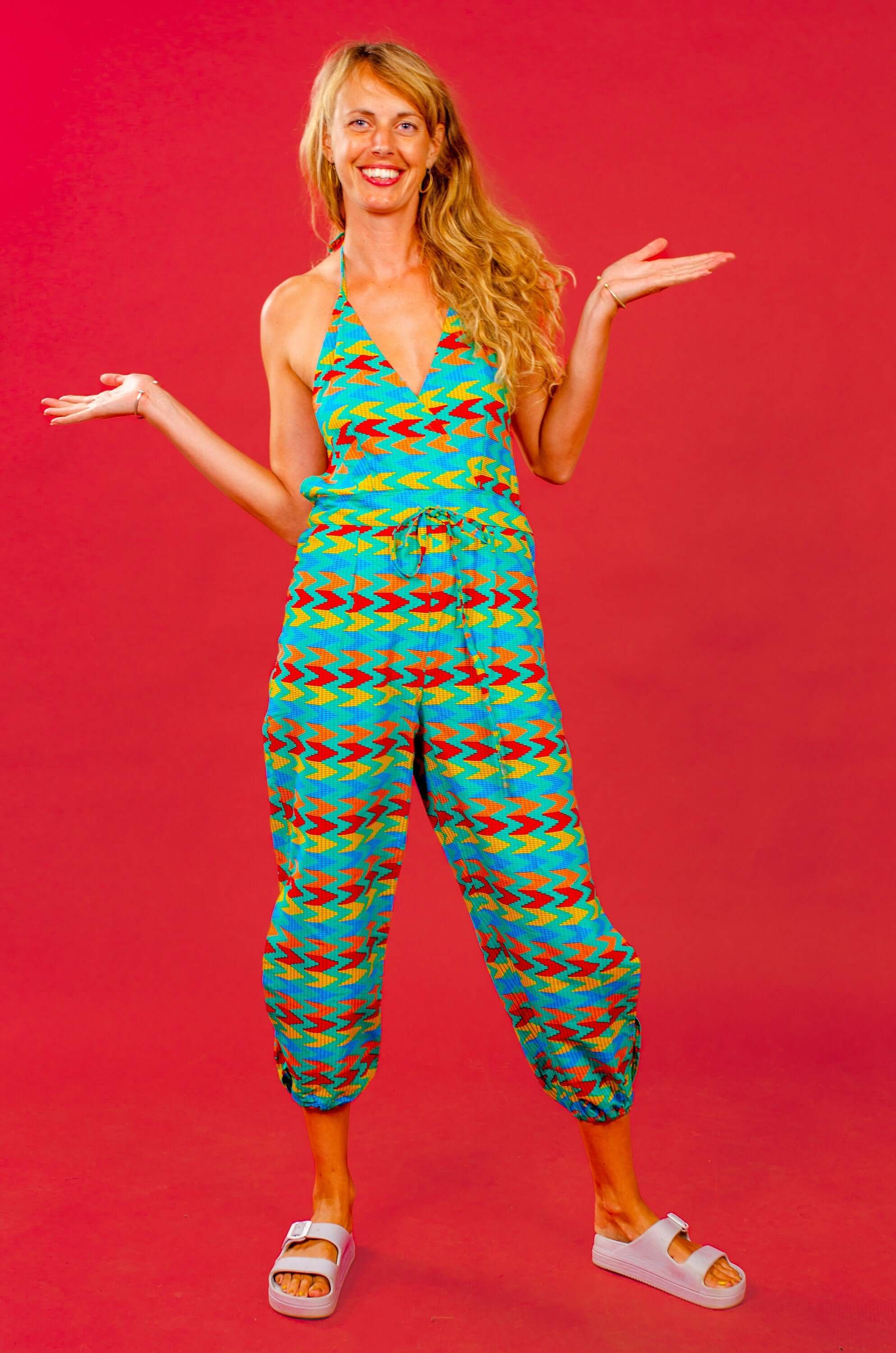 Blue kente backless womens jumpsuit