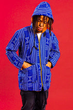 Blue Oversize Tribal Jacket, Unisex African Print Jacket, Hooded Coat, 90s Festival Clothing, Y2K, Colourful Overcoat, Mudcloth