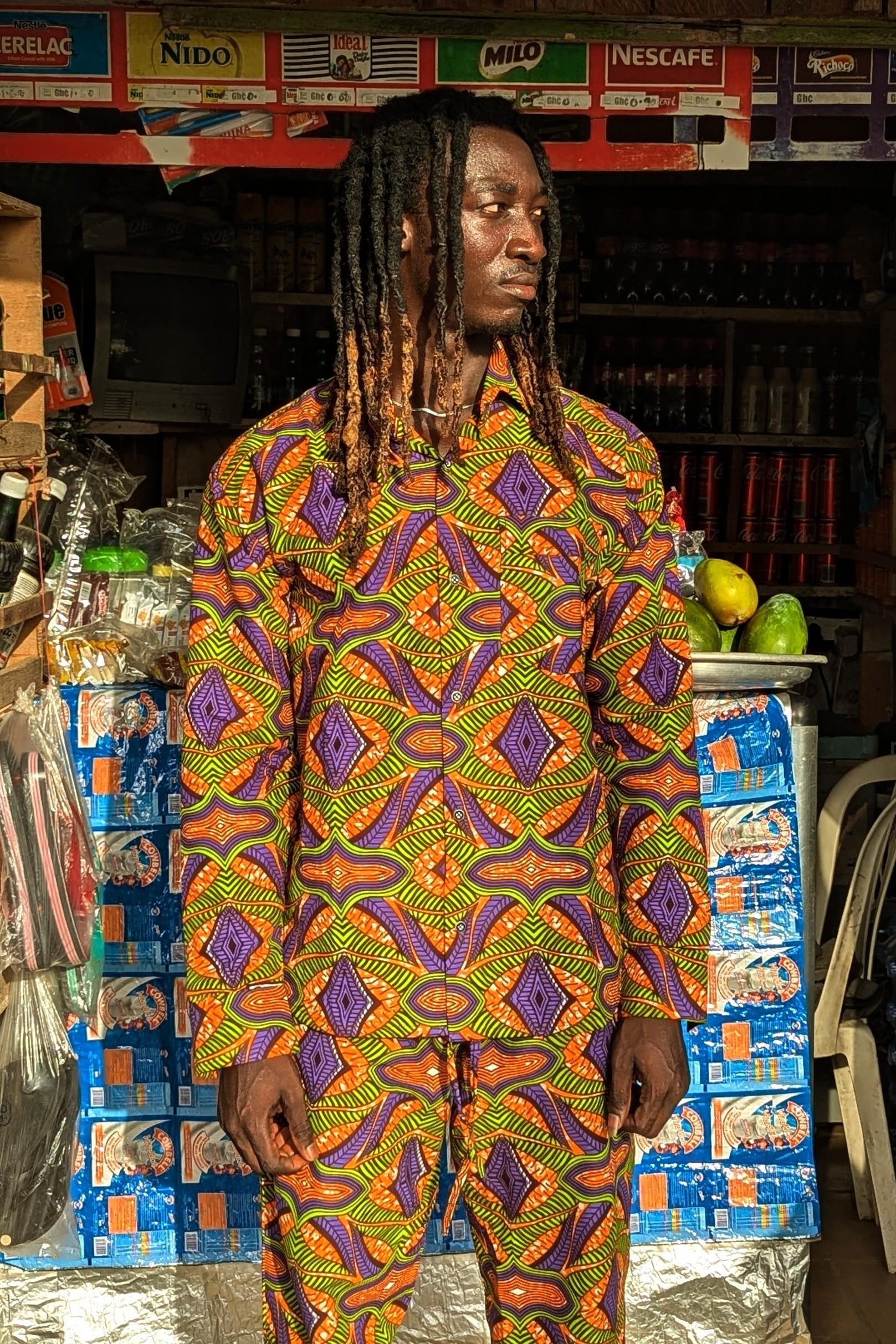 African Print Shirt, Long Sleeve Ankara Shirt, Mens Orange Retro Shirt, Festival Co-ord, 70s Clothing, Handmade in Ghana - Ashanti Empress