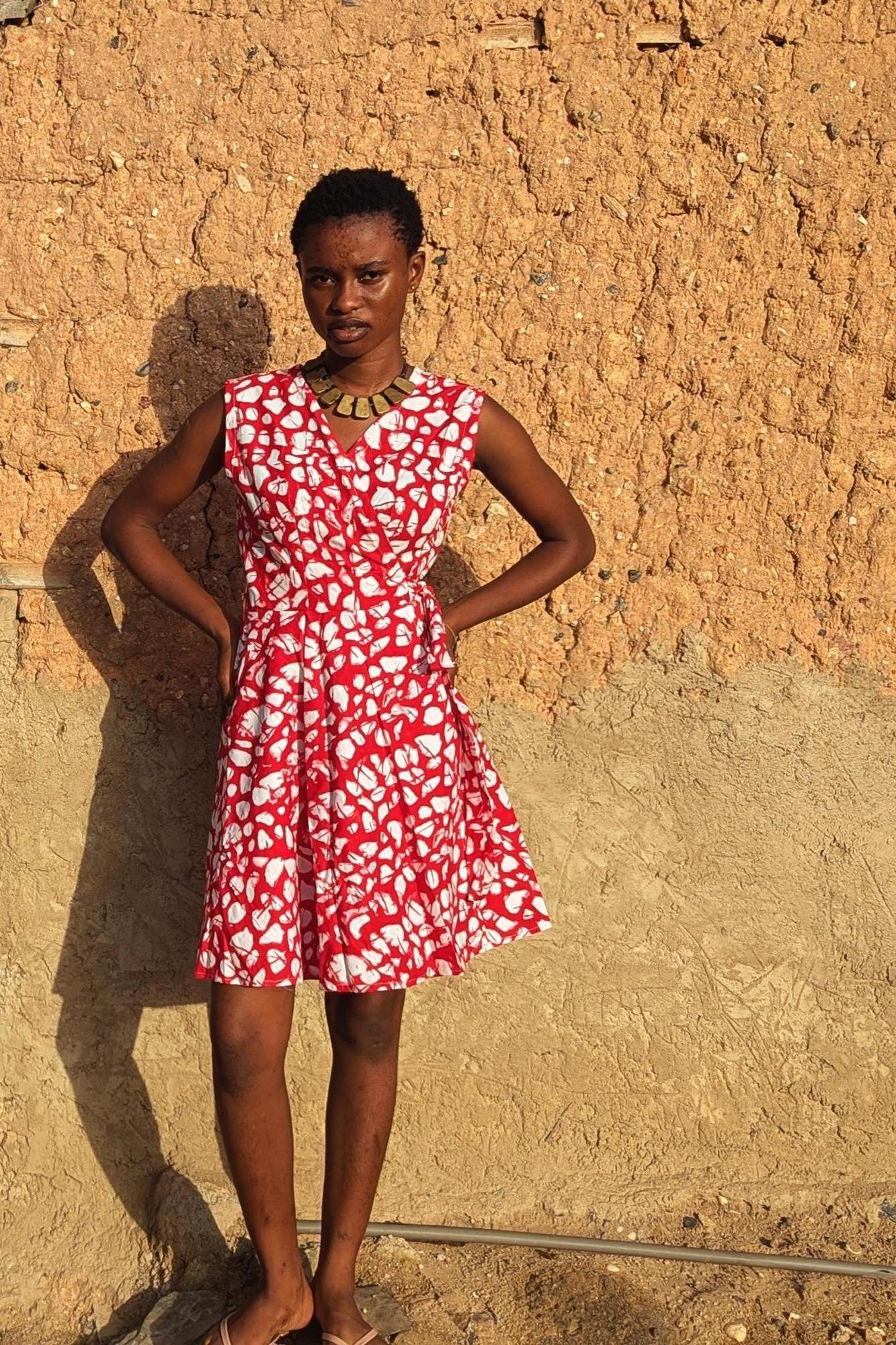 Red Wrap Dress, African Dresses, A-line Cotton Summer Dress, Skater Dress, Hippie Beach Womens Clothing, Batik Ankara Dress, Ashanti Empress