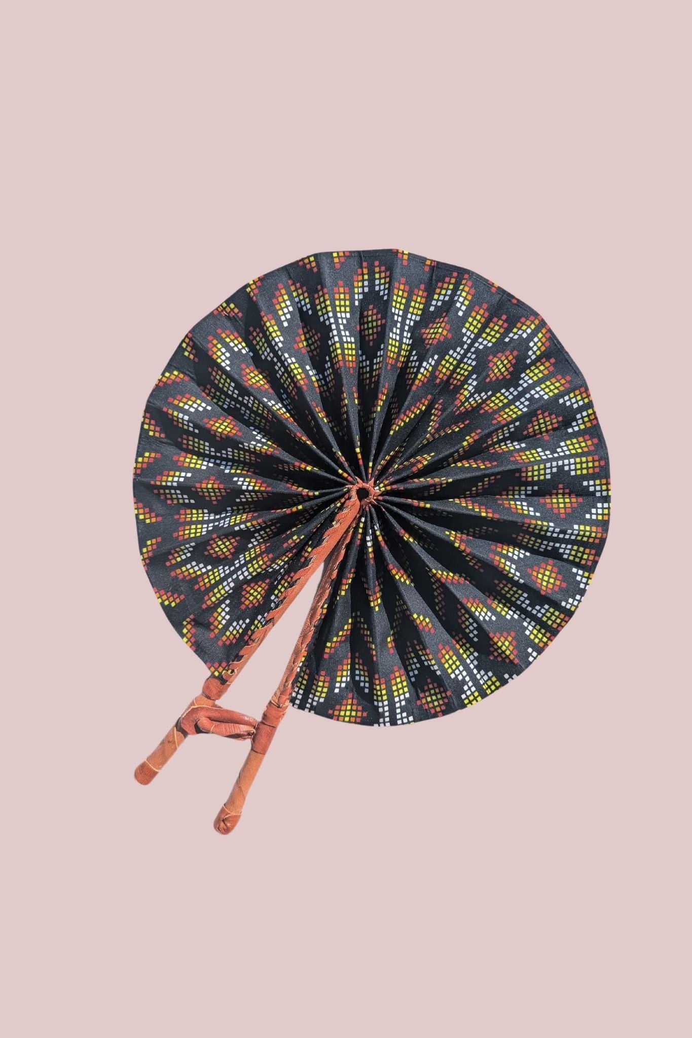 Unique African Print Fan, Handheld Folding Fan, Vibrant Fabric Fan with Leather Handle, Afrocentric Gifts & Decor, Handmade in Ghana