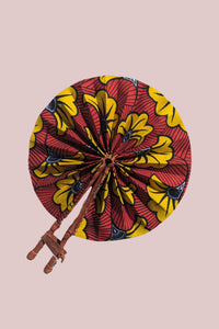 Red and Yellow African Print Folding Fan, Vibrant Fabric Fan with Leather Handle, Afrocentric Gifts & Decor, Handmade in Ghana