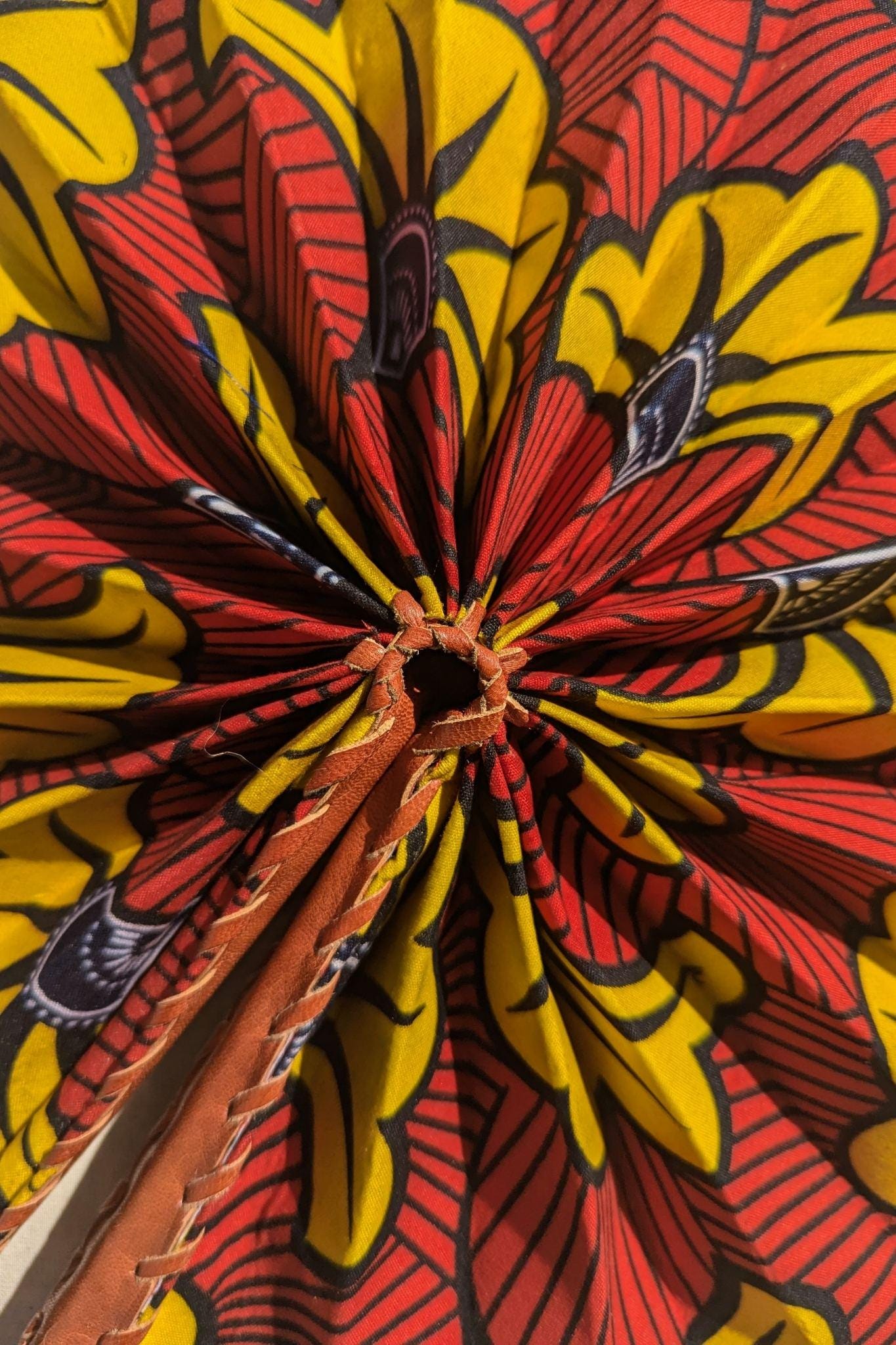 Red and Yellow African Print Folding Fan, Vibrant Fabric Fan with Leather Handle, Afrocentric Gifts & Decor, Handmade in Ghana