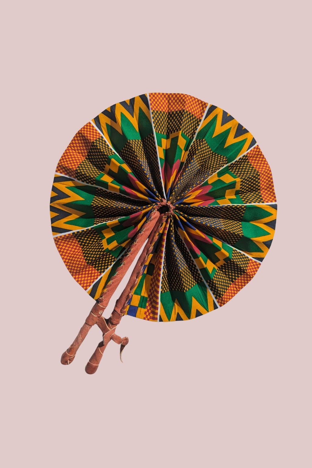 Kente African Print Fan, Handheld Folding Fan, Vibrant Fabric Fan with Leather Handle, Afrocentric Gifts & Decor, Handmade in Ghana