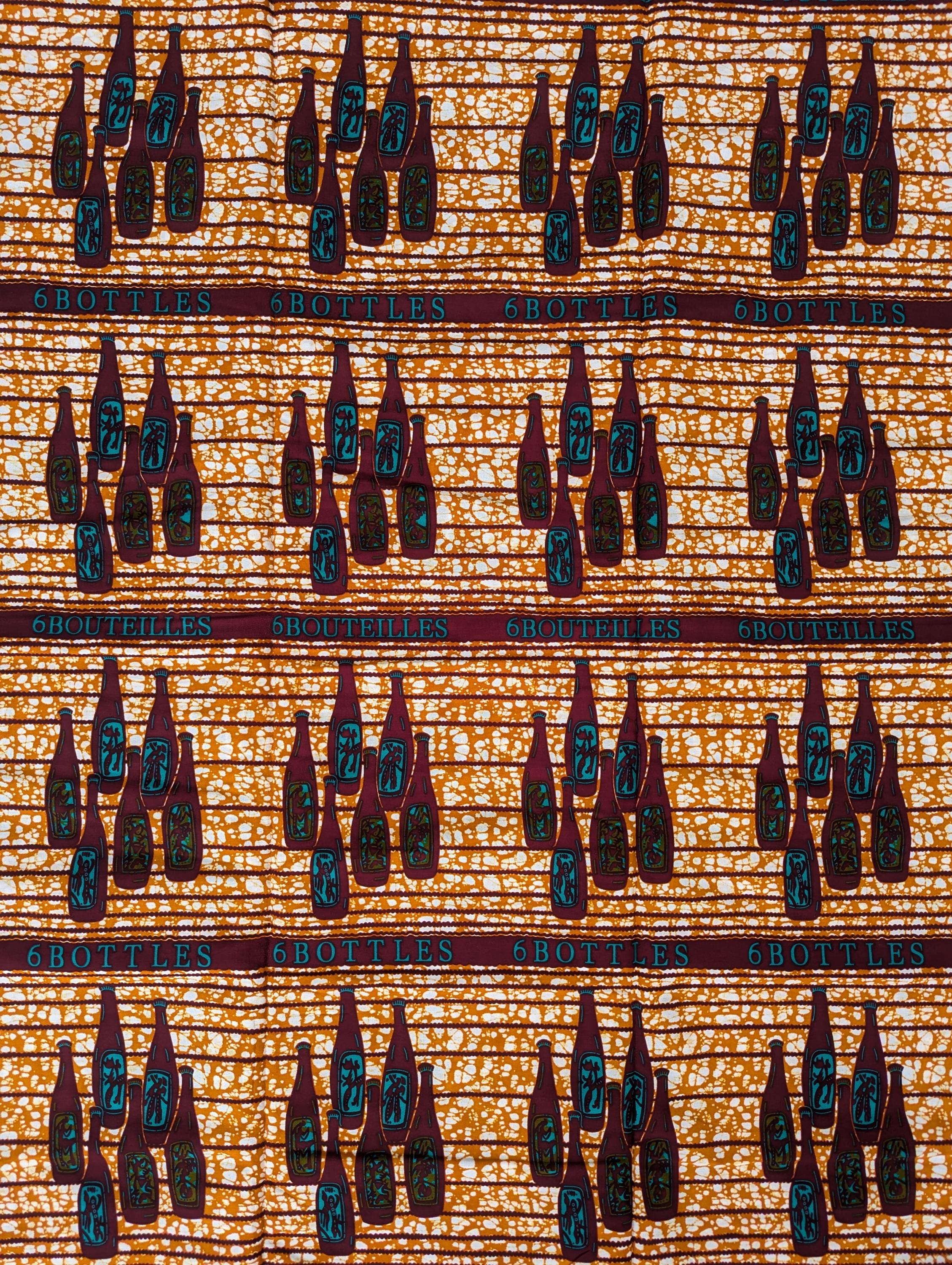African wax print fabric with a repeating motif of six brown bottles in each cluster, arranged in neat rows across a textured orange and white background. The design includes the words &quot;6 BOTTLES&quot; and &quot;6 BOUTEILLES&quot; in teal lettering, alternating in English and French. A quirky and bold print, perfect for playful fashion or unique home decor.