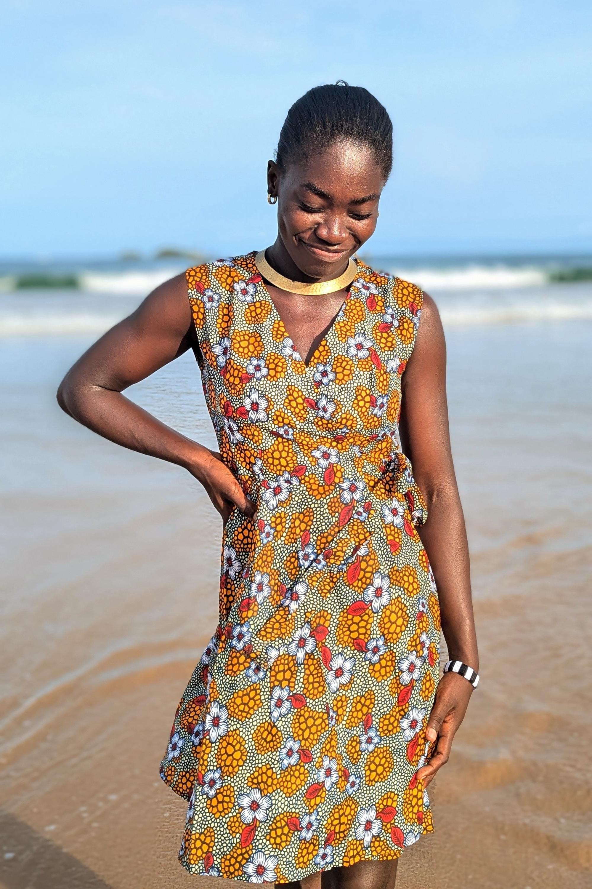 Floral Wrap Dress, Sleeveless African Dresses, Colourful Mid-Length Summer Dress, Ankara Print, Hippie Womens Clothing, Ashanti Empress